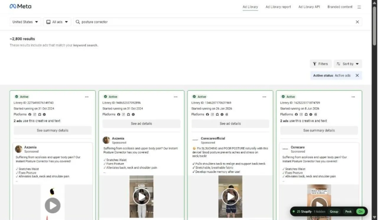 The Facebook Ad Library with EcomFilter on: every card shown lands on a Shopify store